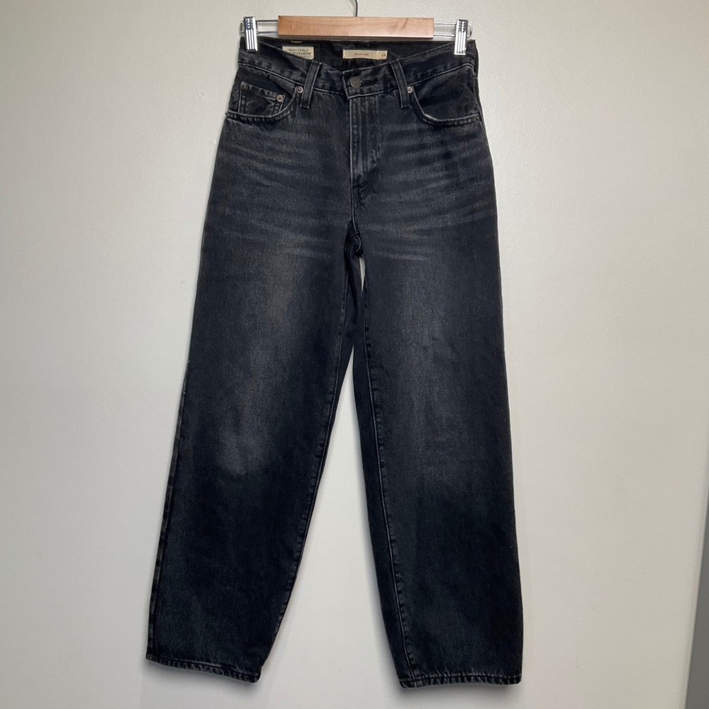 Levis Women's Premium Big E Baggy Dad Jeans 24 Black Wash High Rise Wide Leg